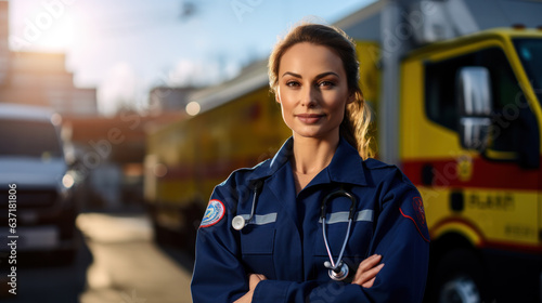Portrait of a Female EMS Paramedic Proudly Standing in Front of Camera in High Visibility Medical Uniform with "Paramedic" Text Logo. Successful Emergency Medical Technician or Doctor at Work. © PaulShlykov