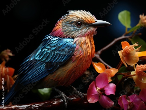 Colorful bird on a branch with orchids in the background © baci