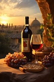 Wine and nuts with a stunning view of dome architecture and tiled houses in a European village bathed in sunset's glow