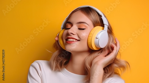 Carefree attractive girl with blond short hairstyle, listening music in headphones, standing over yellow background