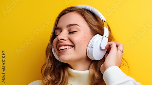 Carefree attractive girl with blond short hairstyle, listening music in headphones, standing over yellow background