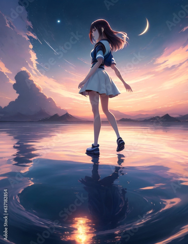 anime girl walking on water ripples backdrop of dawn saturn in the background Generative AI photo