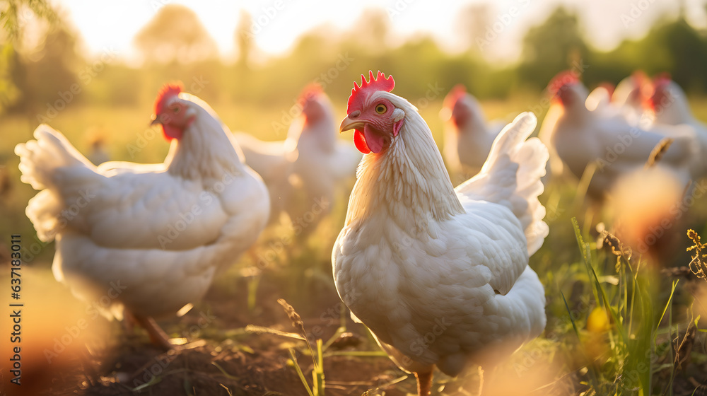 Closeup of free-range chickens on a farm in the morning. Shallow depth of field Closeup of free-range chickens on a farm in the morning. Shallow depth of field