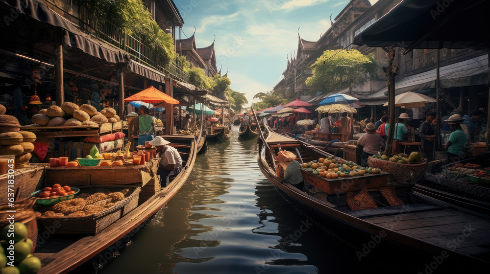 Aerial view famous asian floating market, Farmer go to sell organic products, fruits, vegetables and Thai cuisine, Tourists visiting by boat