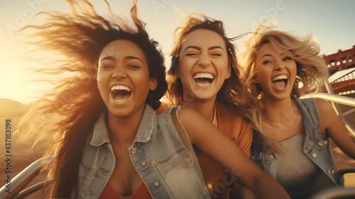 Three teenage girls laughing on a rollercoaster ride