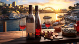 Dining with a view: Food and wine overlooking Sydney Harbour with golden sky