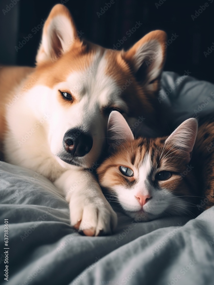 Cute dog and cat sleeping together on the bed at home.