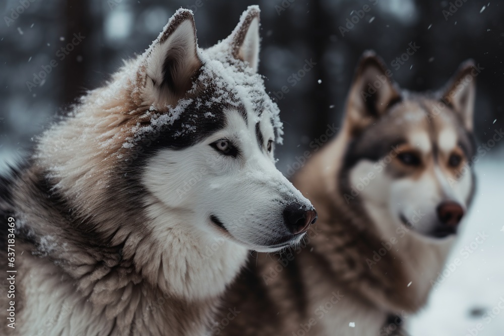 Two Siberian Husky dogs in the winter forest. Snowfall. Two Siberian Husky dogs in the winter forest. Snowfall.