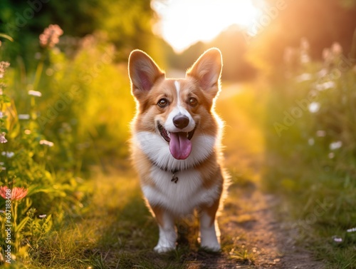 Cute welsh corgi dog at sunset in the park.