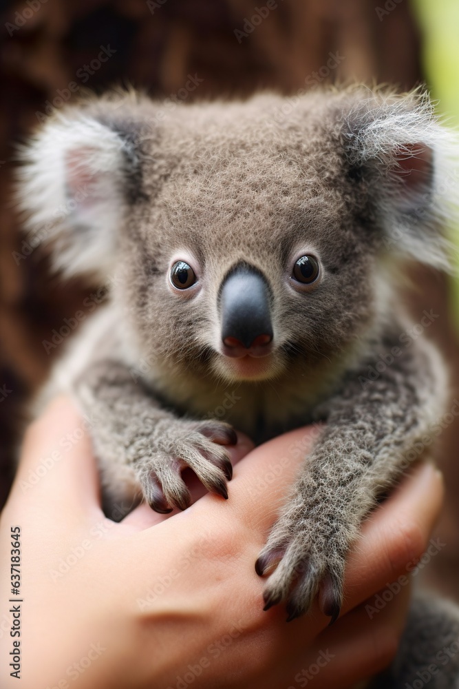 Obraz premium Koala bear on the hands of a child, close-up