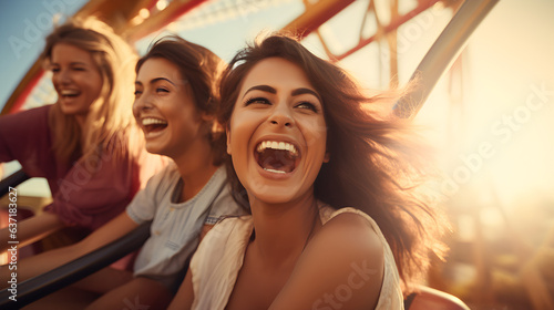 Three young thrill-seeker girlfriends laughing on a rollercoaster ride