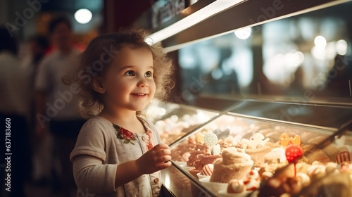 Happy little girl choosing ice cream flavours in a shop