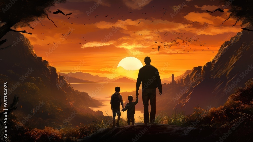 father and son appreciate the view of the river at sunset
