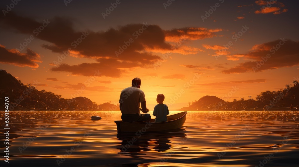 father and son sharing a boat ride at dusk