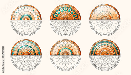 Set of Stained Church glass worksheets. Half-round different shapes.