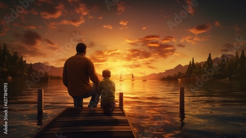 father and son admiring the sunset by the river