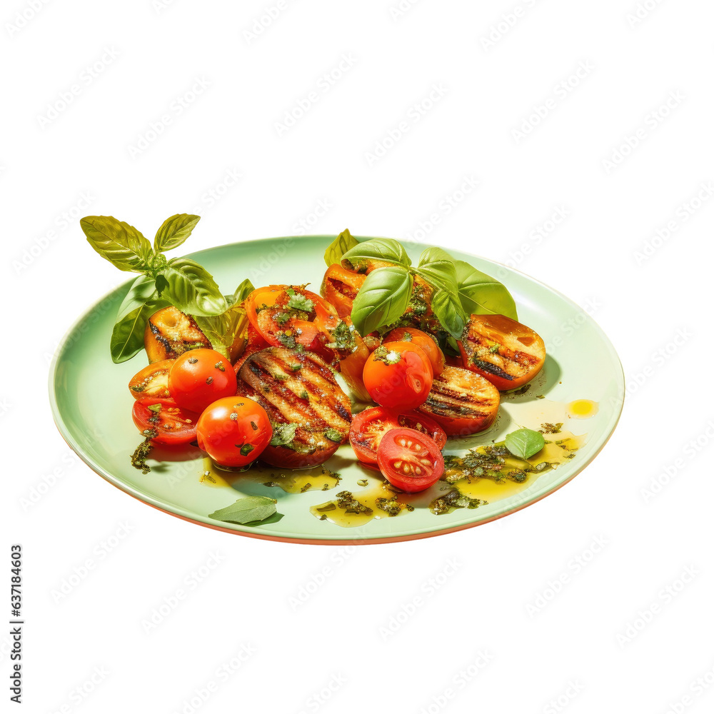 Studio photo of grilled cherry tomatoes with olive oil garlic oregano and basil