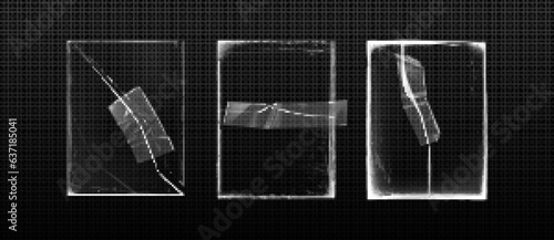 Vintage torn paper frame overlay with tape vector. Rough old photo border with scratch effect template isolated on black background. Tear or crack glass surface repair with glued scotch illustration