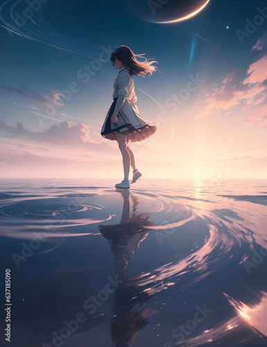 anime girl walking on water ripples backdrop of dawn saturn in the background Generative AI photo