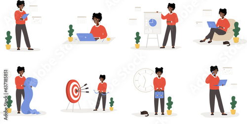 Female entrepreneur. Successful african woman standing with briefcase in hands. Modern office worker or business expert. Vector illustration in flat cartoon style.