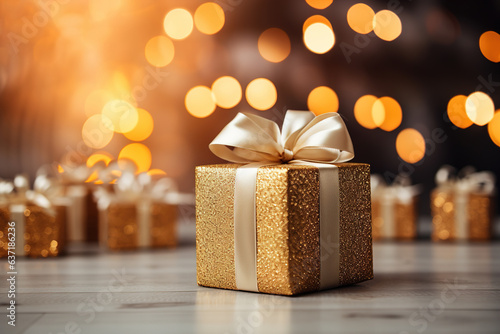Festive surprise, christmas concept. Wrapped golden gift box on the background of gifts and bokeh garlands