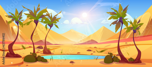 Palm tree, lake in desert oasis and sun in sky vector egypt landscape. Sand mountain hills and pond water mirage east dry nature environment. African swamp coast with leaves horizontal wallpaper