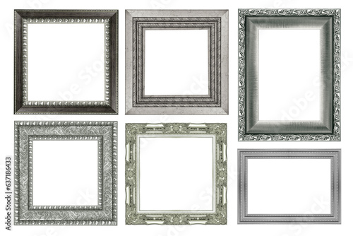 collection of silver vintage picture and photo frame isolated on white background