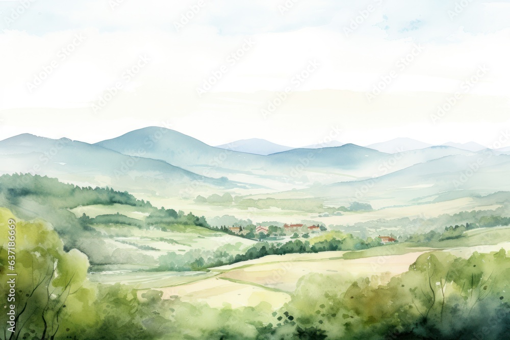 Stunning watercolor mountains and trees. Nature landscape in artistic style.