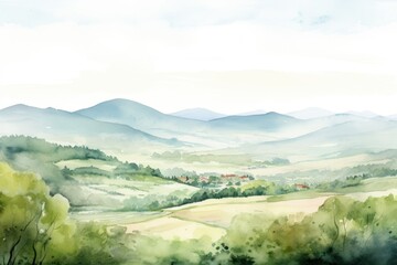 Canvas schilderij Wit Stunning watercolor mountains and trees. Nature landscape in artistic style.  © Postproduction
