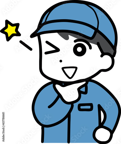 笑顔でウインクしている作業服＆帽子の若い男性