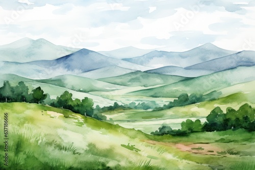 Rolling hills and mountains in delicate watercolor style. Nature landscape illustration.
