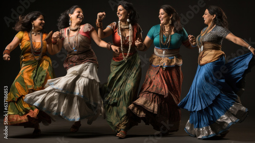 Happy Indian woman dancing. Group of girlfriends at a party