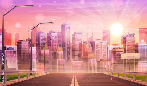 Morning cityscape with sun shining above urban highway. Vector cartoon illustration of futuristic city landscape, helicopter on roof of skyscraper, apartment houses and office buildings, pink sky