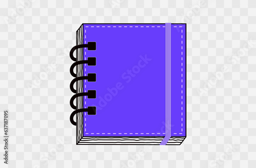 Blue sketchbook. Closed paper notebook in hardcover. Workbook with elastic band, spiral. Diary, planner, note organizer. Office business document, top view. Education and training. Vector illustration