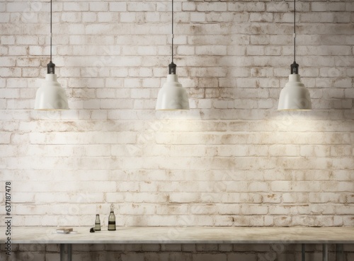Discover the minimalist elegance of a white brick wall, enhanced by gleaming white lamps hanging overhead in a modern design