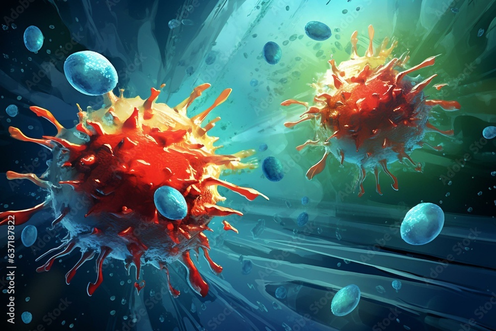 Illustration of T cells fighting against cancer cells. Generative AI - obrazy, fototapety, plakaty 