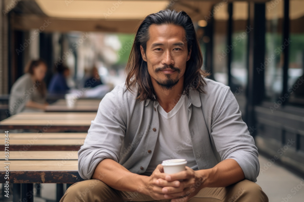 Happy smiling confident asian middle aged man sitting outside cafe looking away and dreaming. Happy smiling confident asian middle aged man sitting outside cafe looking away and dreaming.