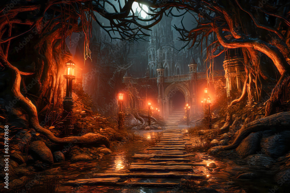 Obraz premium A Dark and Eerie Forest with a Stone Bridge