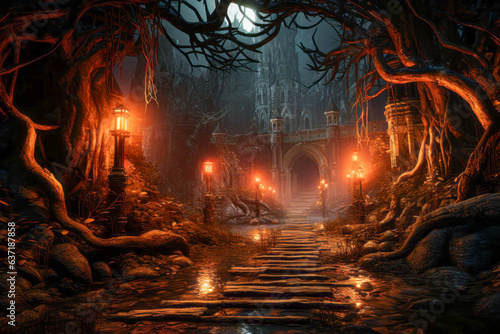 A Dark and Eerie Forest with a Stone Bridge
