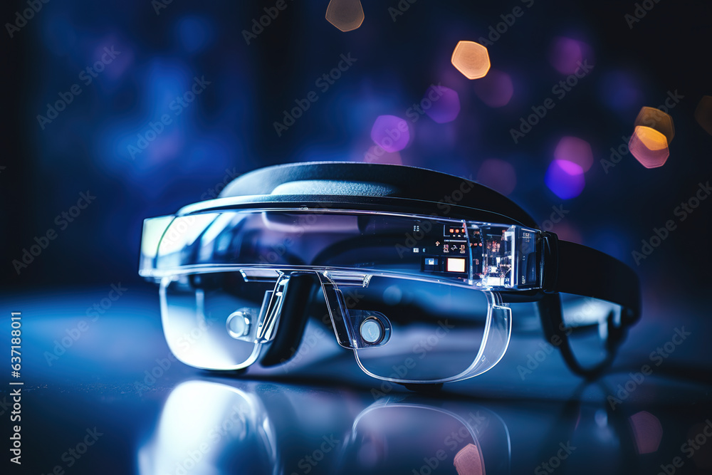 Futuristic concept design high tech VR glasses on dark background Futuristic concept design high tech VR glasses on dark background