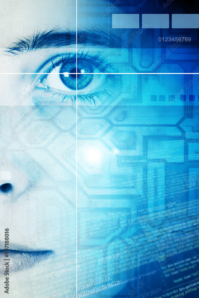 young woman face composite with technology backdrop young woman face composite with technology backdrop