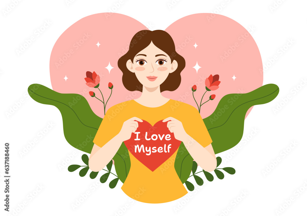 Obraz premium Self Love Vector Illustration with Women Love Yourself, Relaxation, Motivational Phrases and Hearts in Flat Cartoon Hand Drawn Background Templates