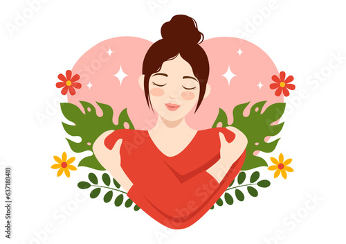 Self Love Vector Illustration with Women Love Yourself, Relaxation, Motivational Phrases and Hearts in Flat Cartoon Hand Drawn Background Templates