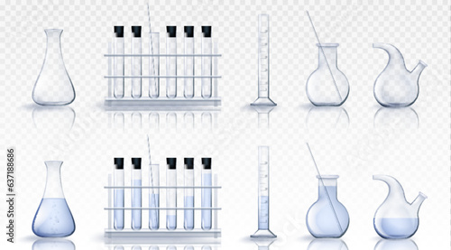 3d laboratory test glass beaker equipment vector. Science lab realistic glassware and tube. Isolated chemical flask set. Empty and filled scientific measuring cylinder bottle with fluid medicine water