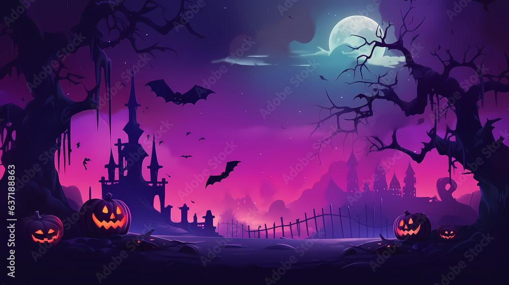Halloween background with scary pumpkins and house haunted.Halloween background with Evil Pumpkin. Spooky scary dark Night forrest. Holiday event halloween banner background concept