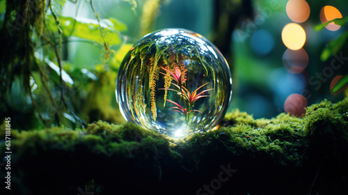 globe terrarium in the jungle with blurred background. Generative Ai