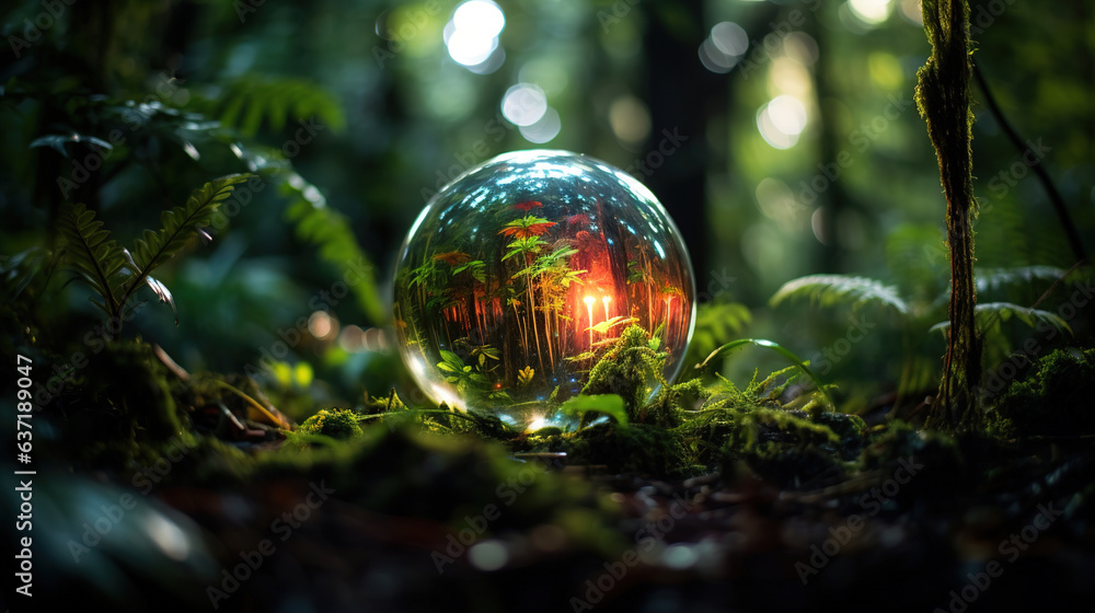 globe terrarium in the jungle with blurred background. Generative Ai globe terrarium in the jungle with blurred background. Generative Ai