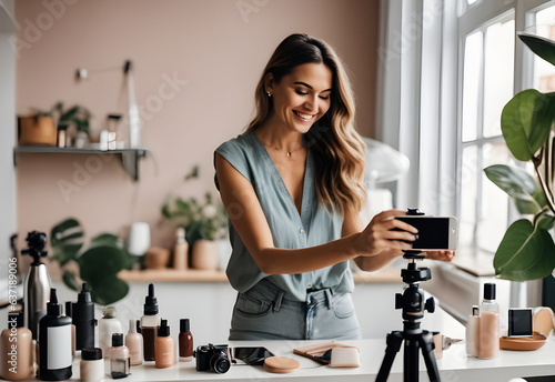Beautiful smiling Woman blogger making a video for her blog on cosmetics using a phone with tripod. smartphone standing on table on tripod stabilizer, recording female blogger © franck