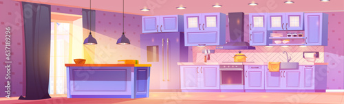 Cartoon kitchen interior - clean, filled with light modern food cooking room with large window, furniture, appliances and utensils. Vector illustration inside view of cozy cuisine with equipment.