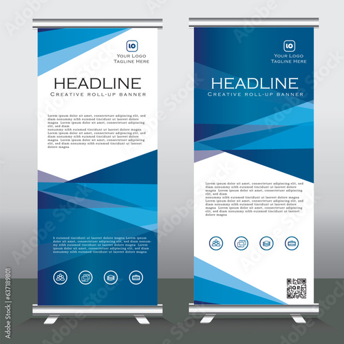 roll up banner design and vector template. blue color, standee banner design, vertical banner, x-banner, standee Template. pull up banner, Brochure, Flyer. abstarct vector illustration